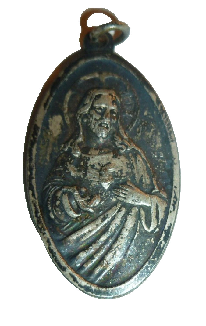 Antique Large Medal Pendant Catholic Silver Jesus Vintage Our Lady Back
