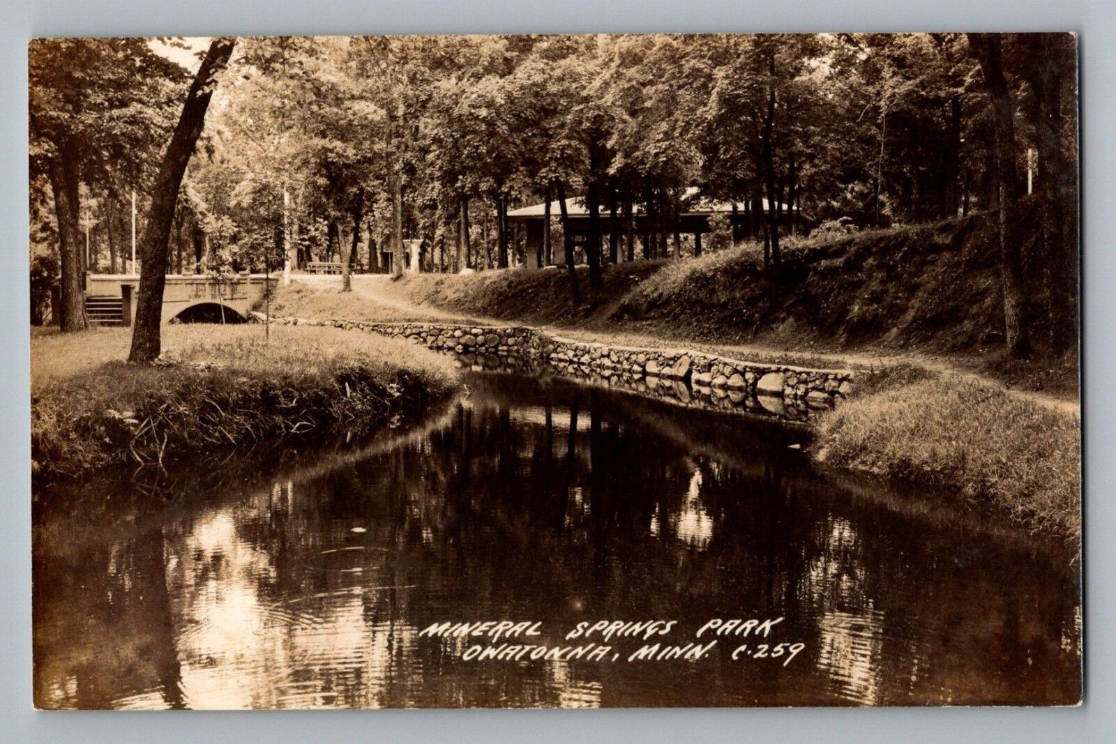 Owatonna Minnesota Mineral Springs Park Bridge Real Photo Postcard RPPC 1930-50