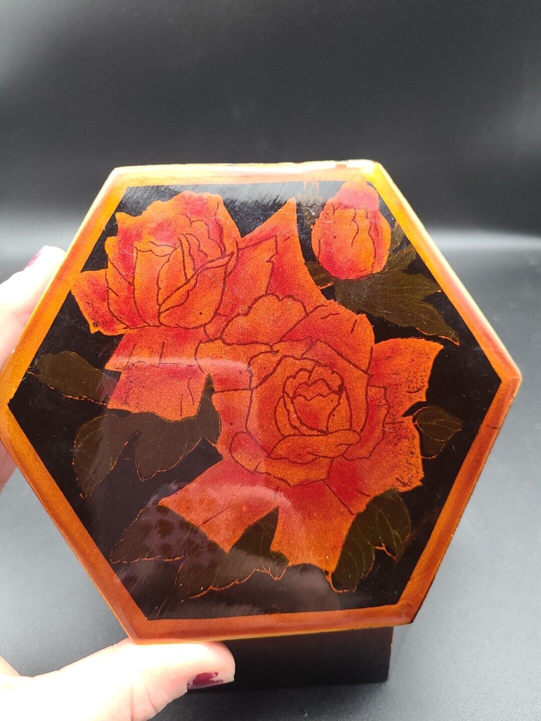 Vintage Lacquered Wood Trinket Box  Hexagon Roses Asian