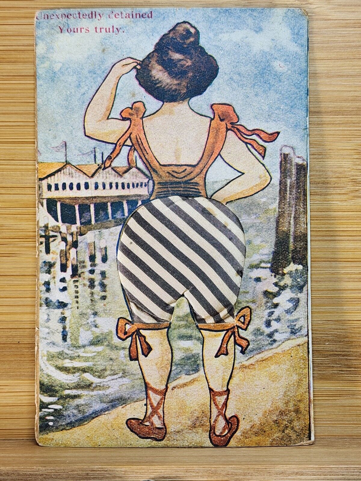 Rare 1910s Pincushion WOMAN ON BEACH Fabric Bathing Suit RISQUE Detained
