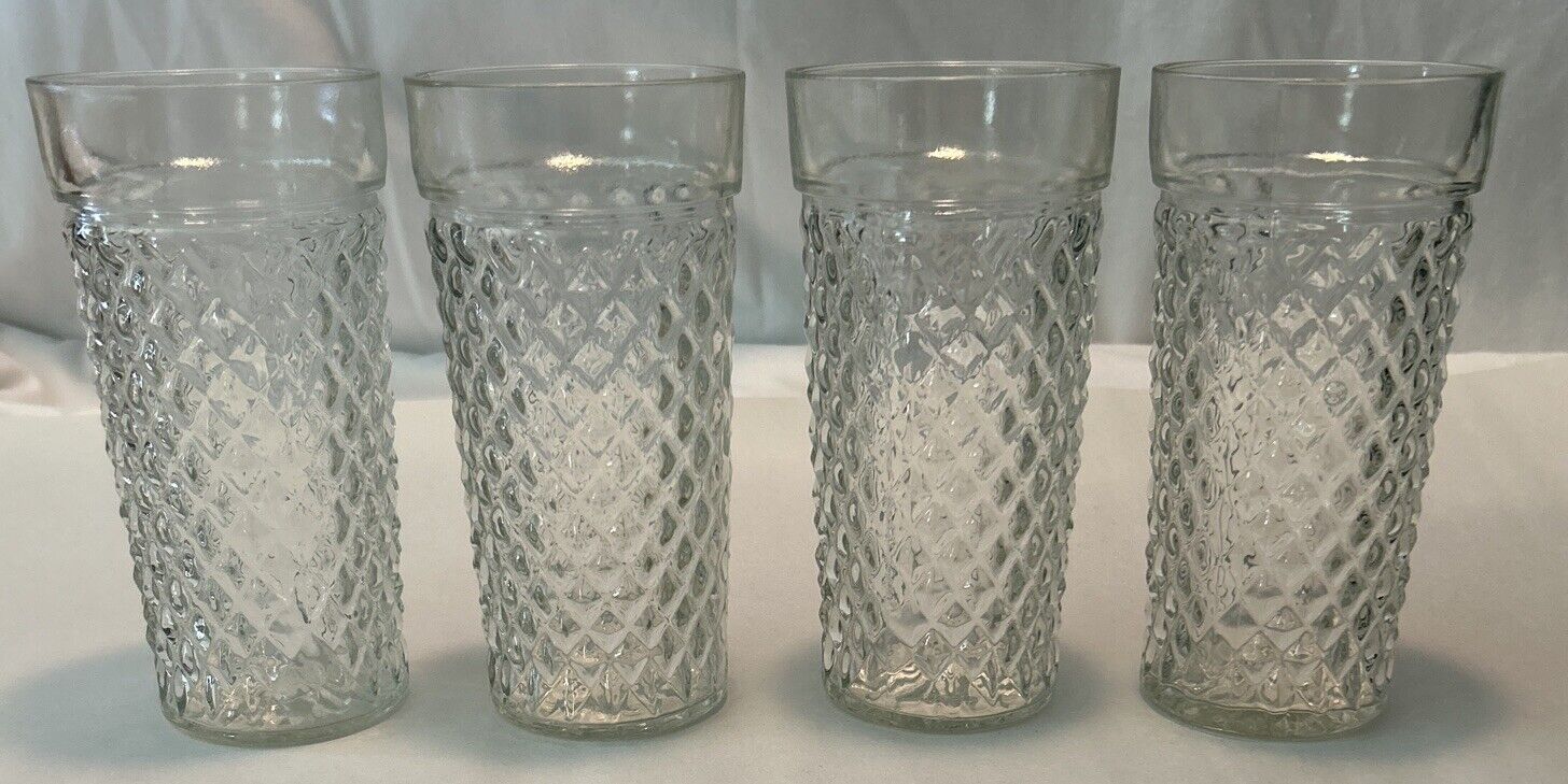 4 VTG Anchor Hocking Cut Diamond Quilted Pattern Clear Glass Tumblers 5 3/4” EUC