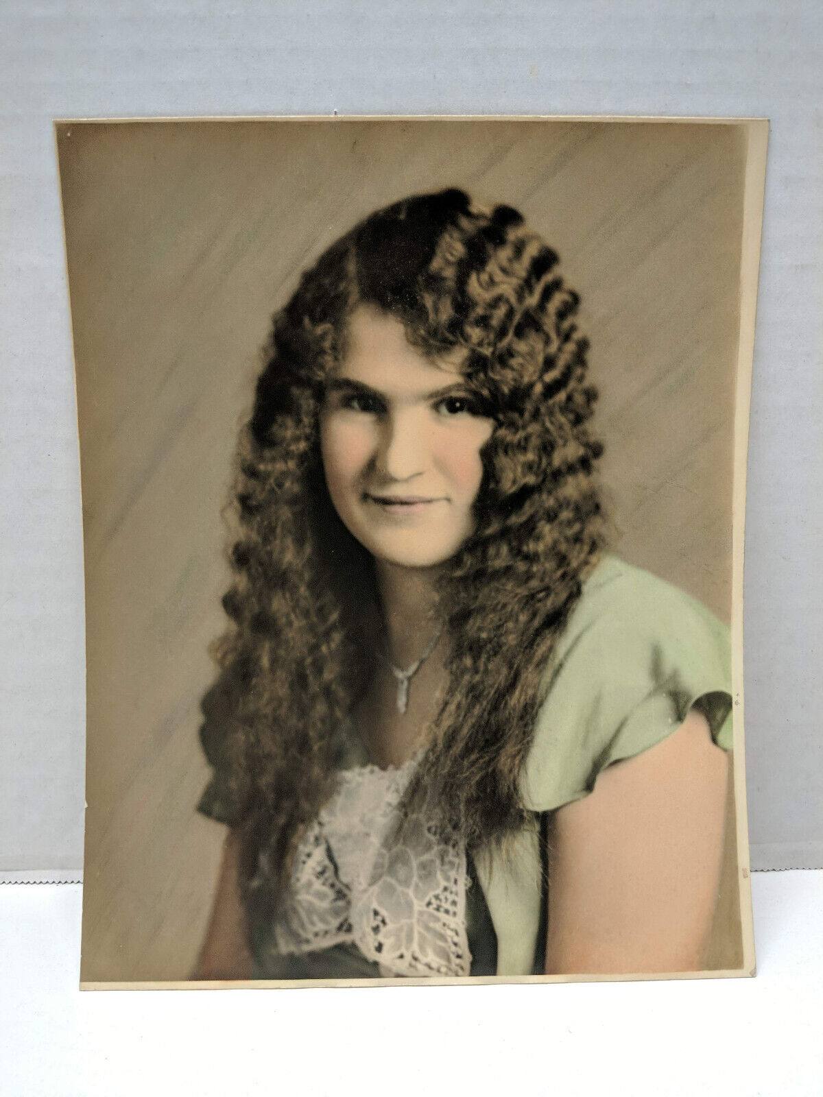 Vintage 8x10 Photo - Lady in Green Dress with Curly Hair