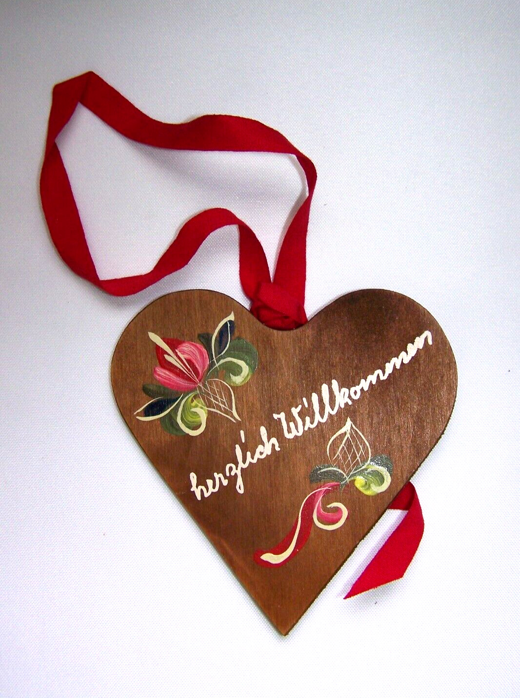 Vintage Hand Painted Heart Ornament ~ Wood  with Red Ribbon