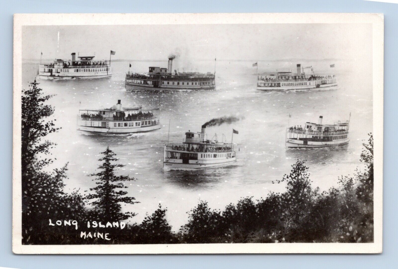 RPPC Photo Montage Steamships in Harbor Long Island Maine ME UNP Postcard N7