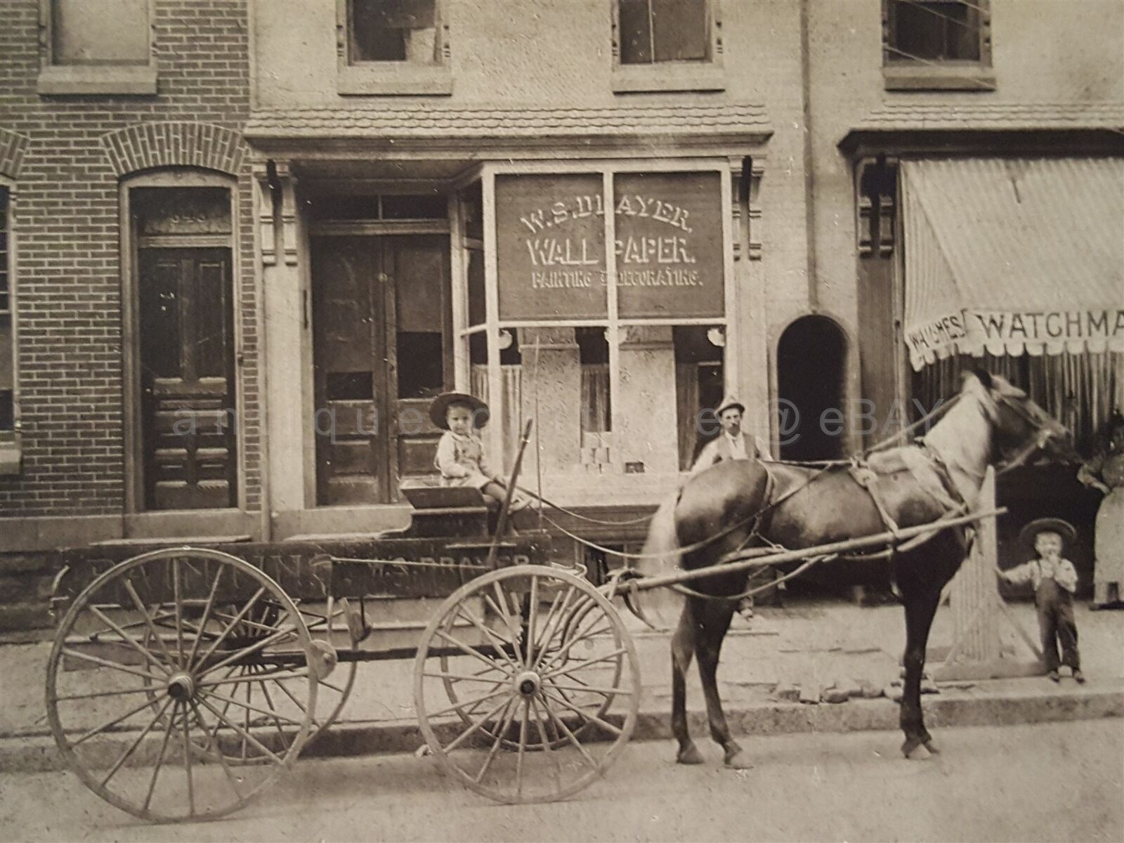 antique W. S. DRAYER PHOTOGRAPH horse cart cute children WALL PAPER WATCHMAKER