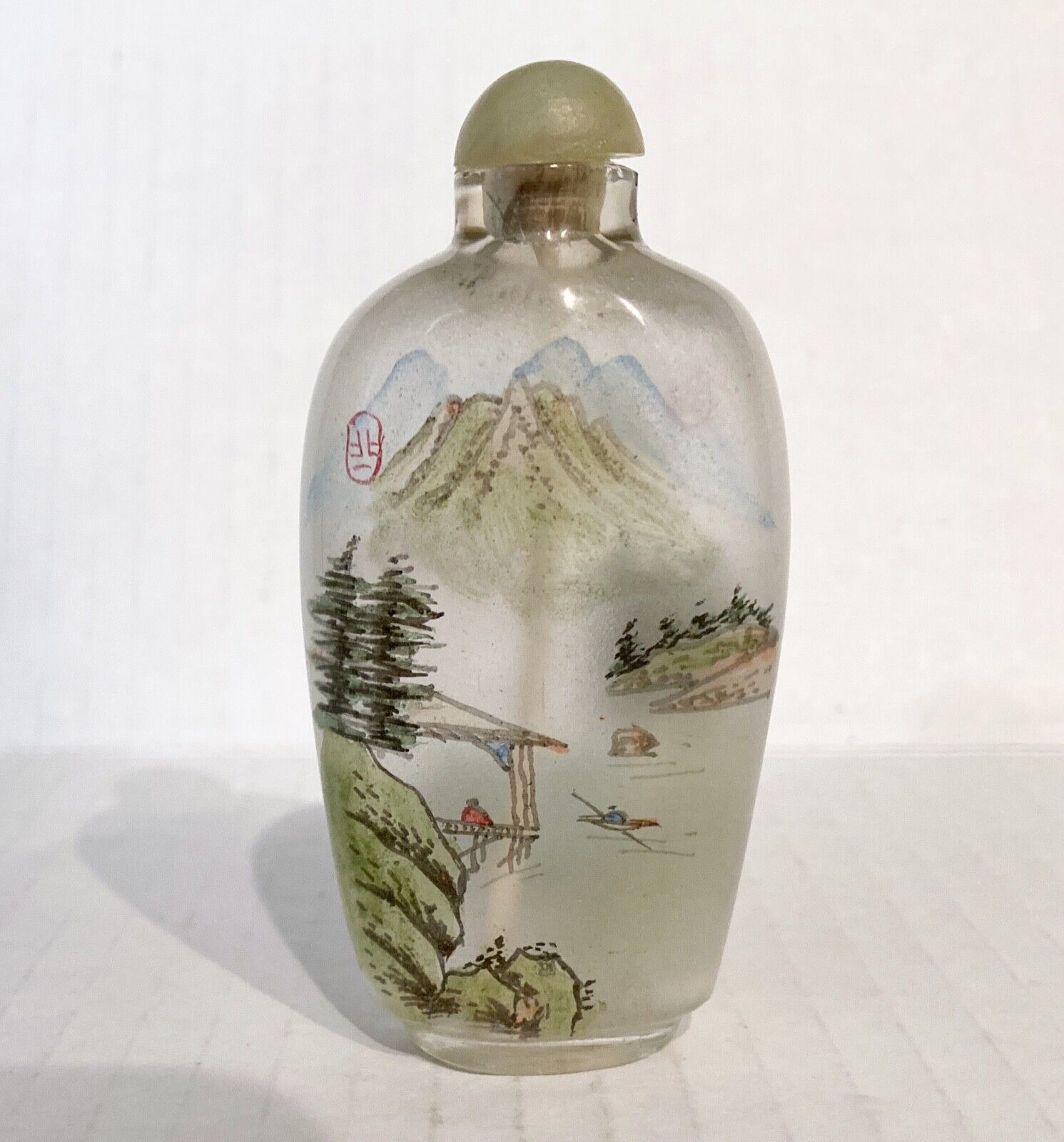 Vintage Signed Chinese Snuff Bottle Reverse Hand Painted Glass Boho Vanity Decor