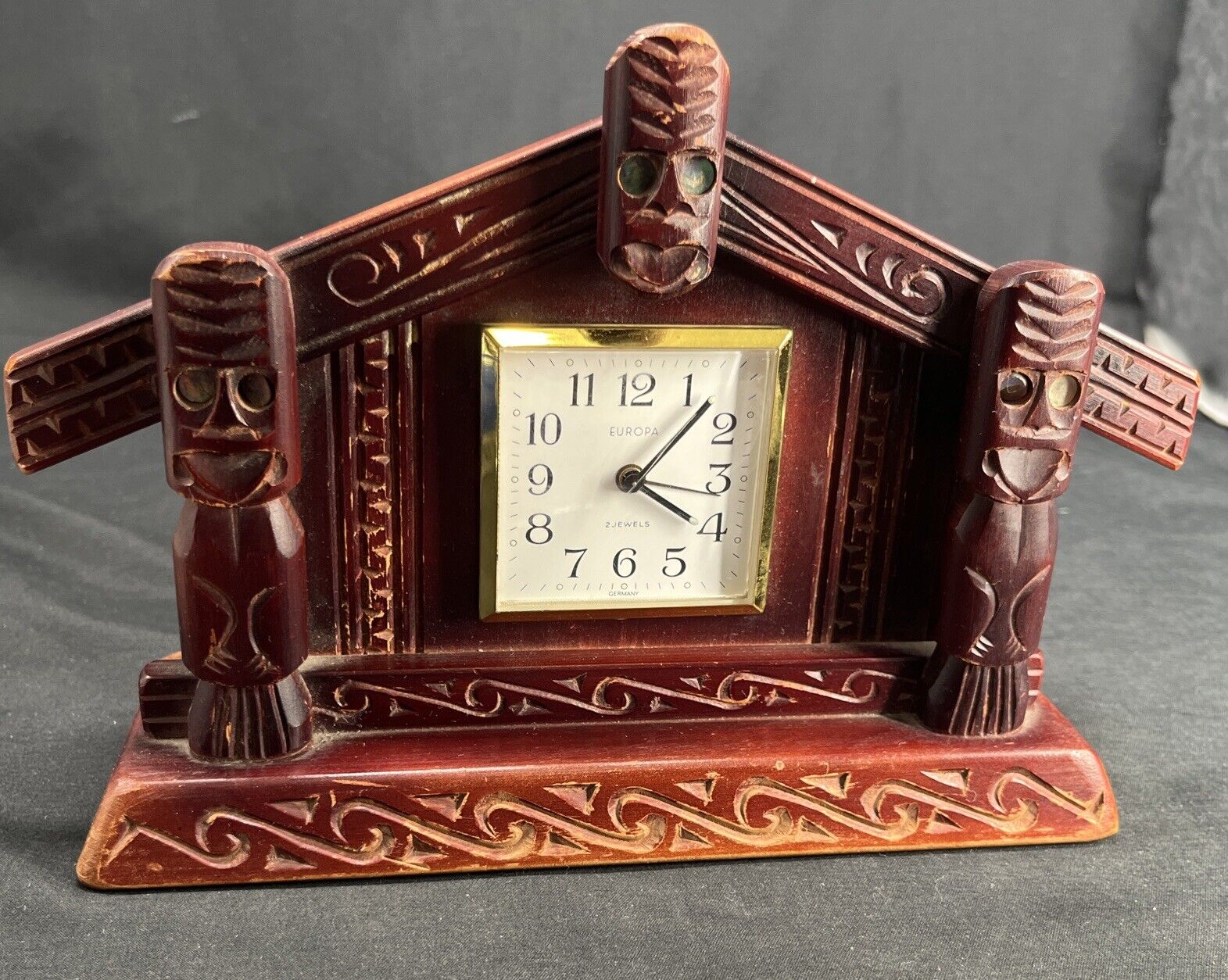 Vintage New Zealand Maori Hand Carved Wooden Mantle Clock, Wharenui