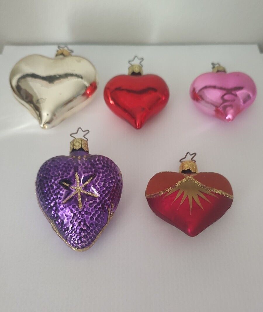 Inge Glas Heart Ornaments Red Pink Blue Silver Lot of 5