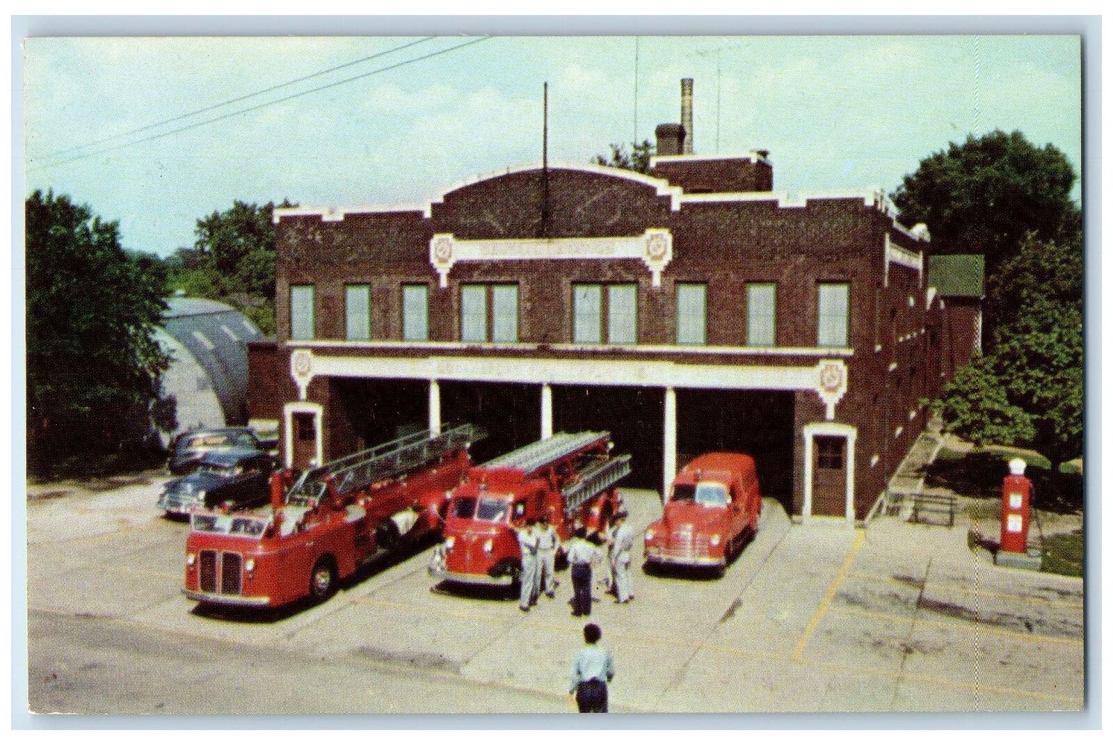c1950\'s Central Fire Station Fire Trucks Officers Logansport Indiana IN Postcard
