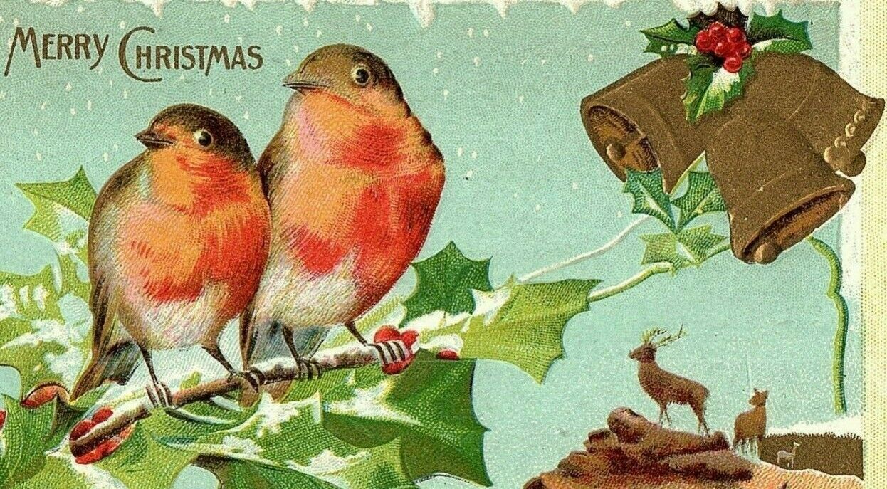 1907-15 A Merry Christmas Holly Bells Postcard Song Birds Vintage Embossed Gilt