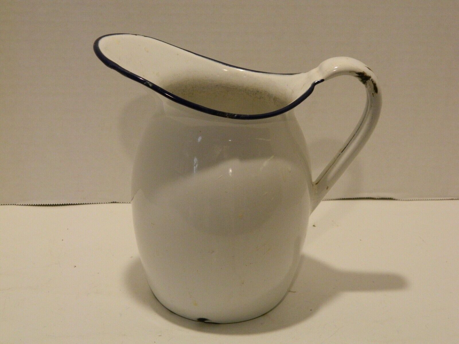 Vintage Large Porcelain Enamel Ware White & Black Milk Water Pitcher