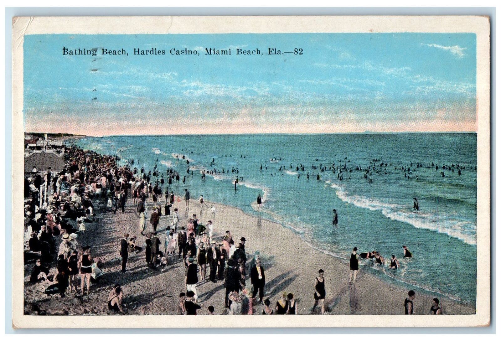 1924 Bathing Beach Hardies Casino Swimming Watching Shoreline Miami FL Postcard