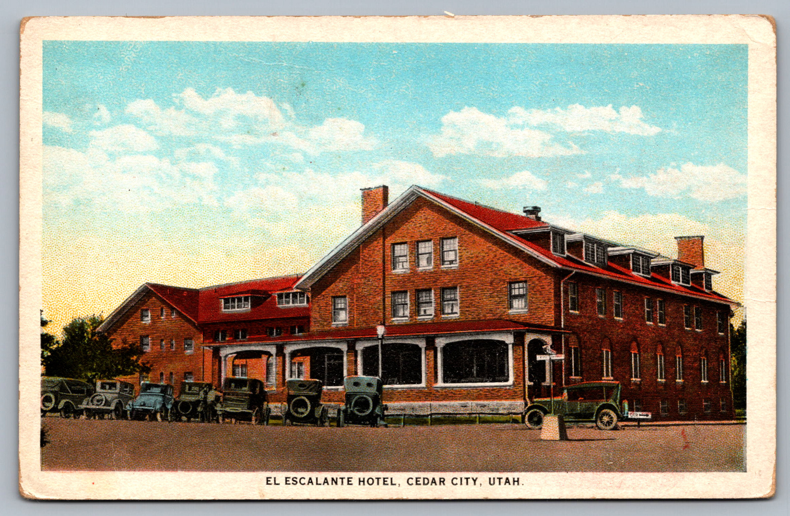 Postcard El Escalante Hotel Cedar City Utah Old Cars