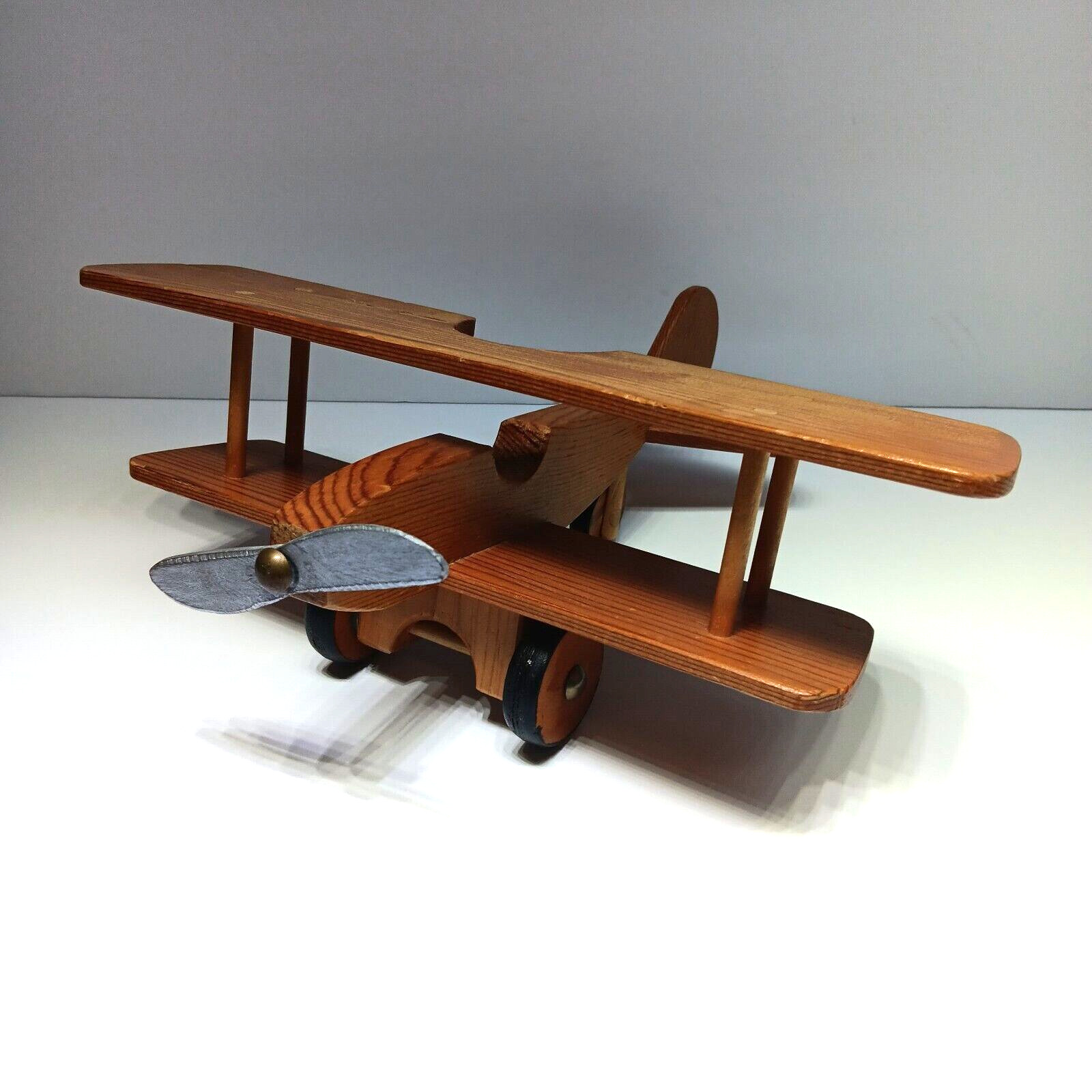 Vintage Wooden Hand Made Bi-Plane Airplane Toy 11.5 inch Wingspan *Read Descript