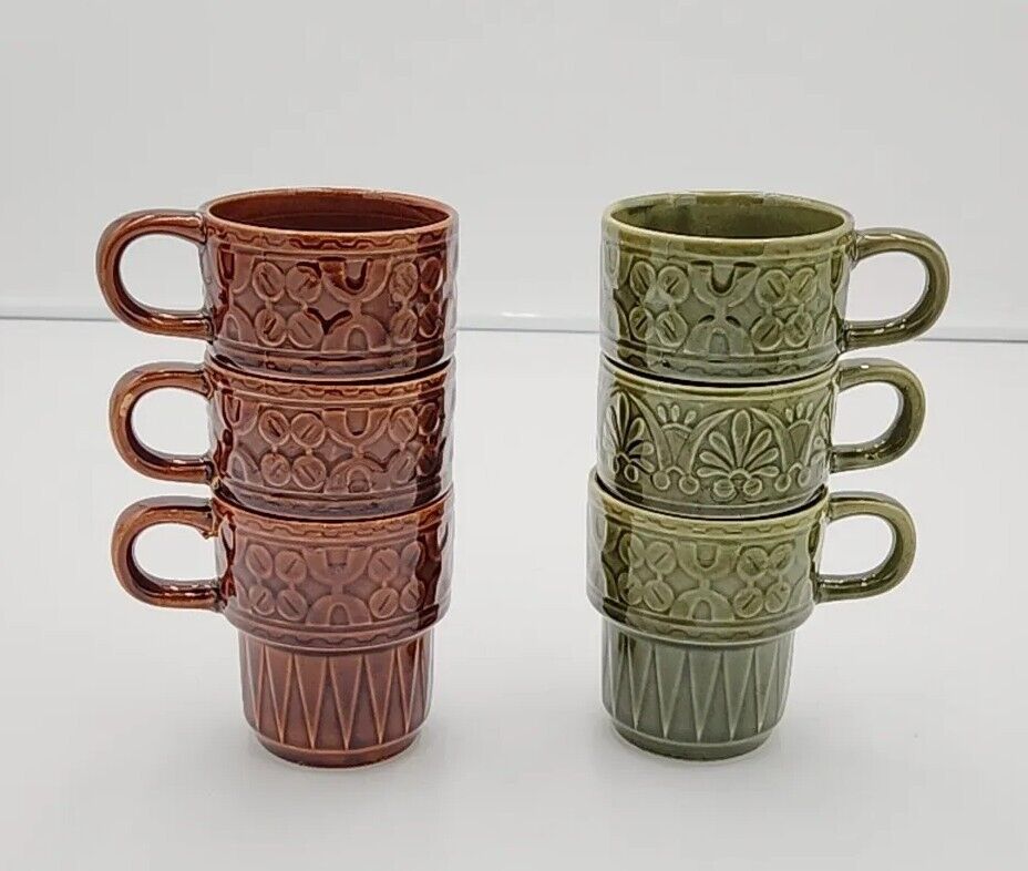 Vintage Stacking Mugs 1970s Earth Tones Japan - set of 6 MCM Coffee Cups