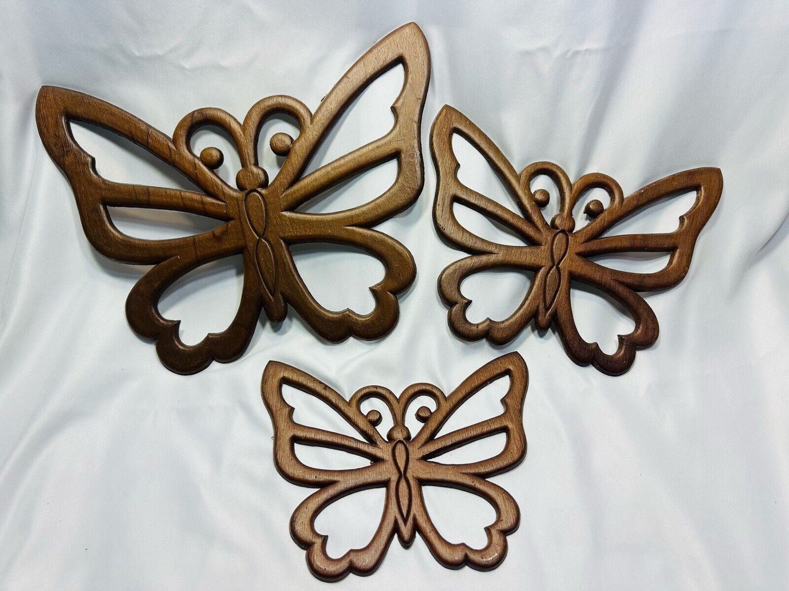 Vintage Butterfly Wall Hanging Decor Set Of 3 Boho MCM Brown Plywood