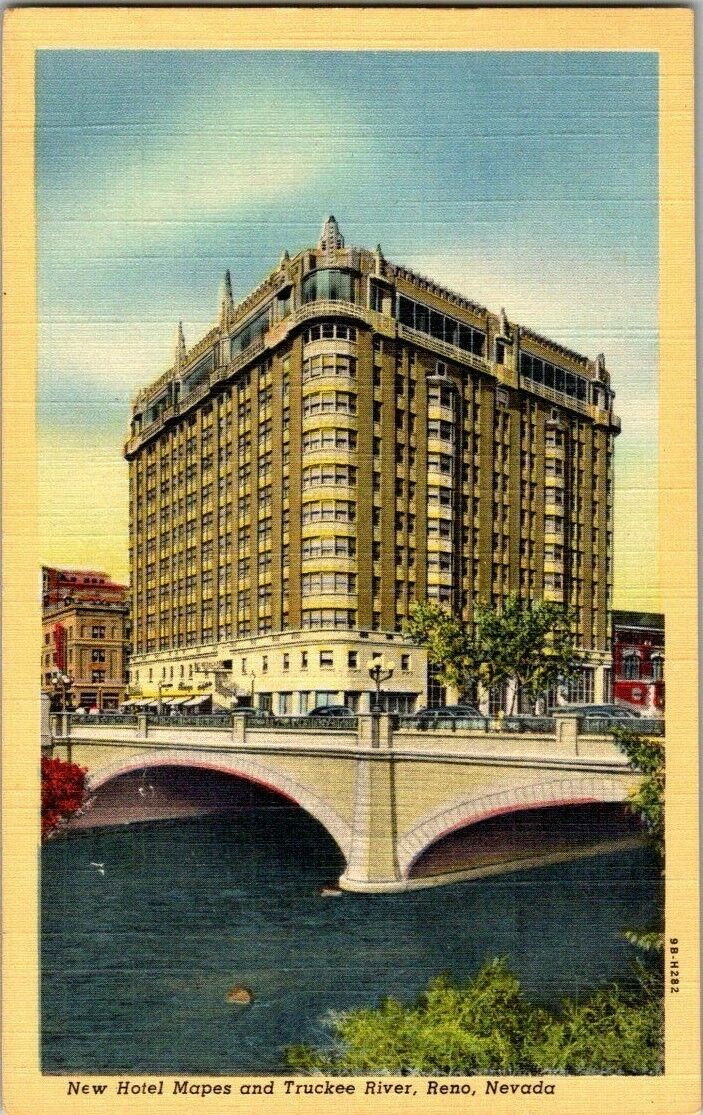 1940'S. NEW HOTEL MAPES & TRUCKEE RIVER, RENO, NEVADA. POSTCARD EP6