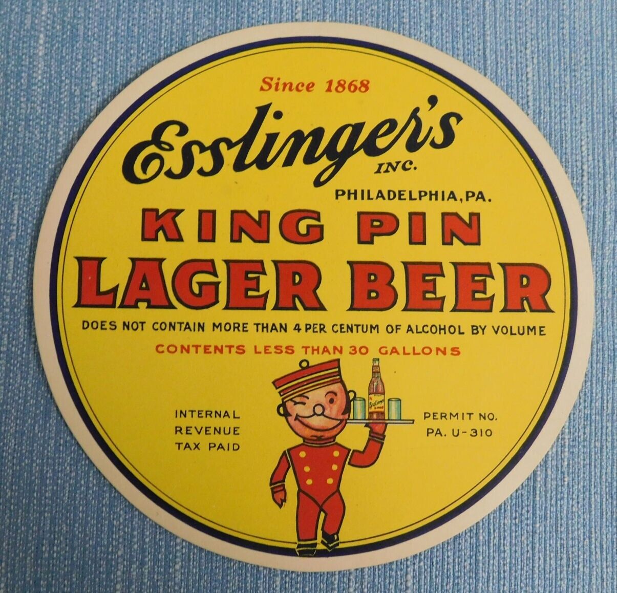Vintage  Esslinger;s  IRTP  Beer  Keg Label...6.5\