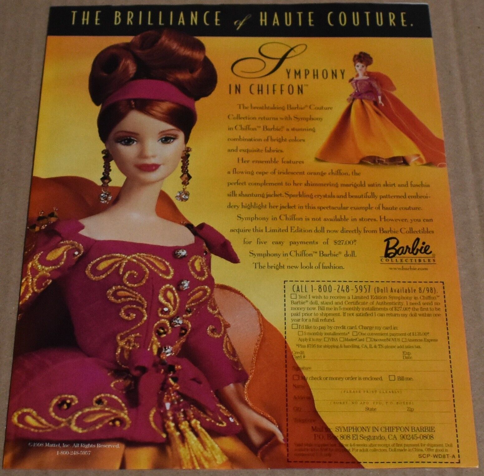 1998 Print Ad Brilliance of Haute Couture Symphony in Chiffon Barbie Doll Art