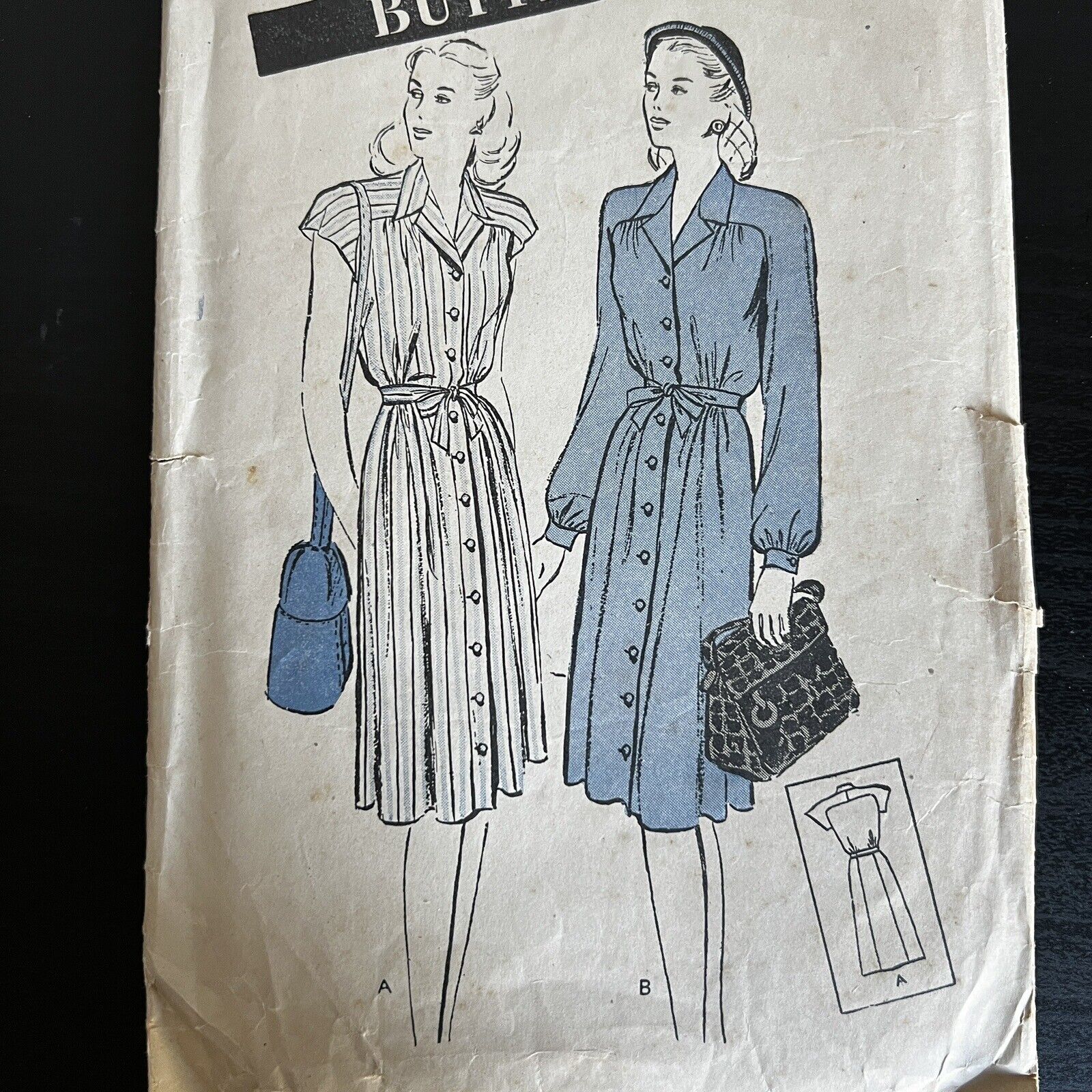 Vintage 1940s Butterick 3387 Button Down Gathered Dress Sewing Pattern 14 USED