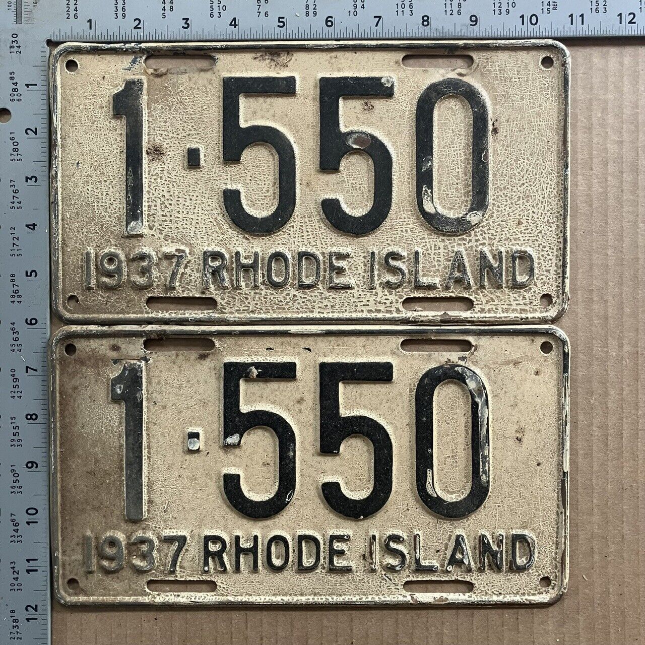 1937 Rhode Island license plate pair 1550 YOM DMV fantastic ORIGINAL 14265