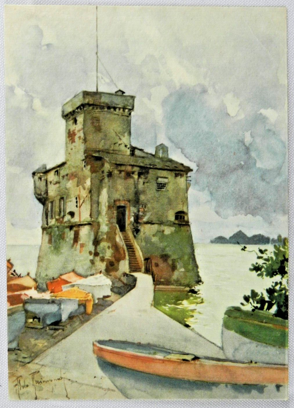 1907 Brick Tower Along Italian Rivera with Small Dock - Vintage Postcard