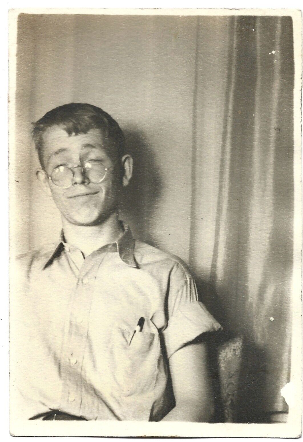 Vintage 1950s Funny Photo of Boy Wearing Glasses on Tip of Nose Makes Silly Face