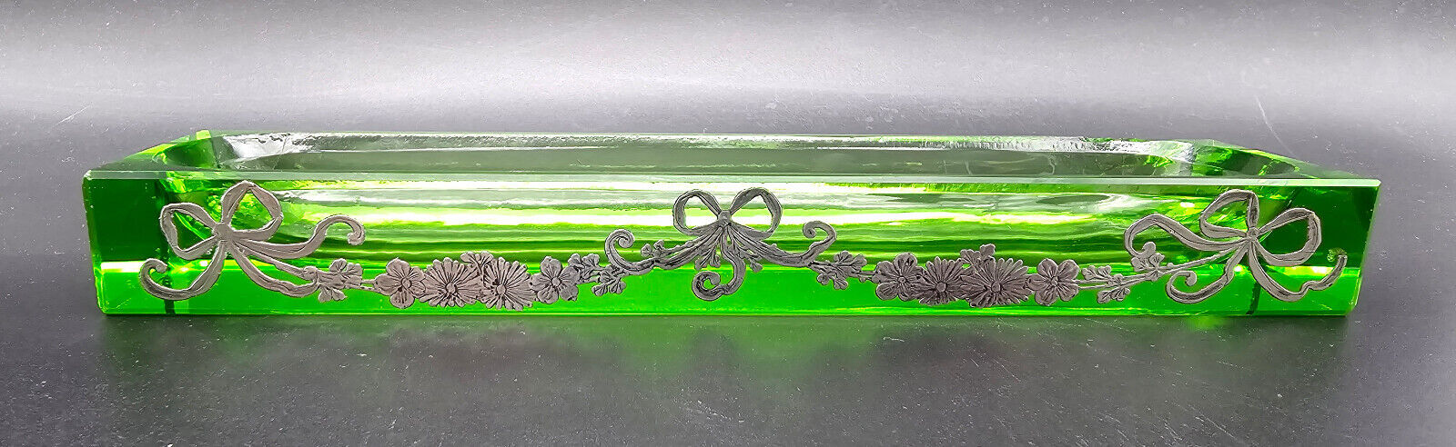 Antique Victorian Green Glass Cigar Holder/Sterling Silver Decorations/UK/c1900