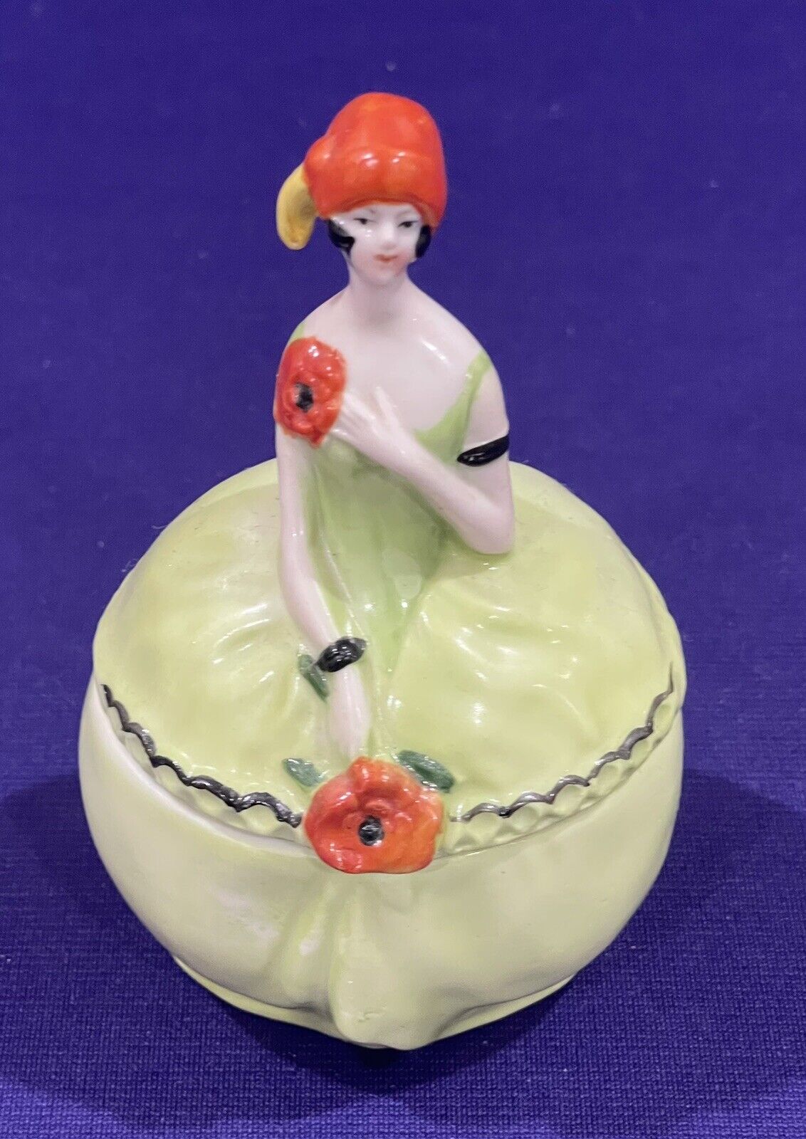 Antique Art Deco Flapper Girl Ceramic Powder Box Jar Germany