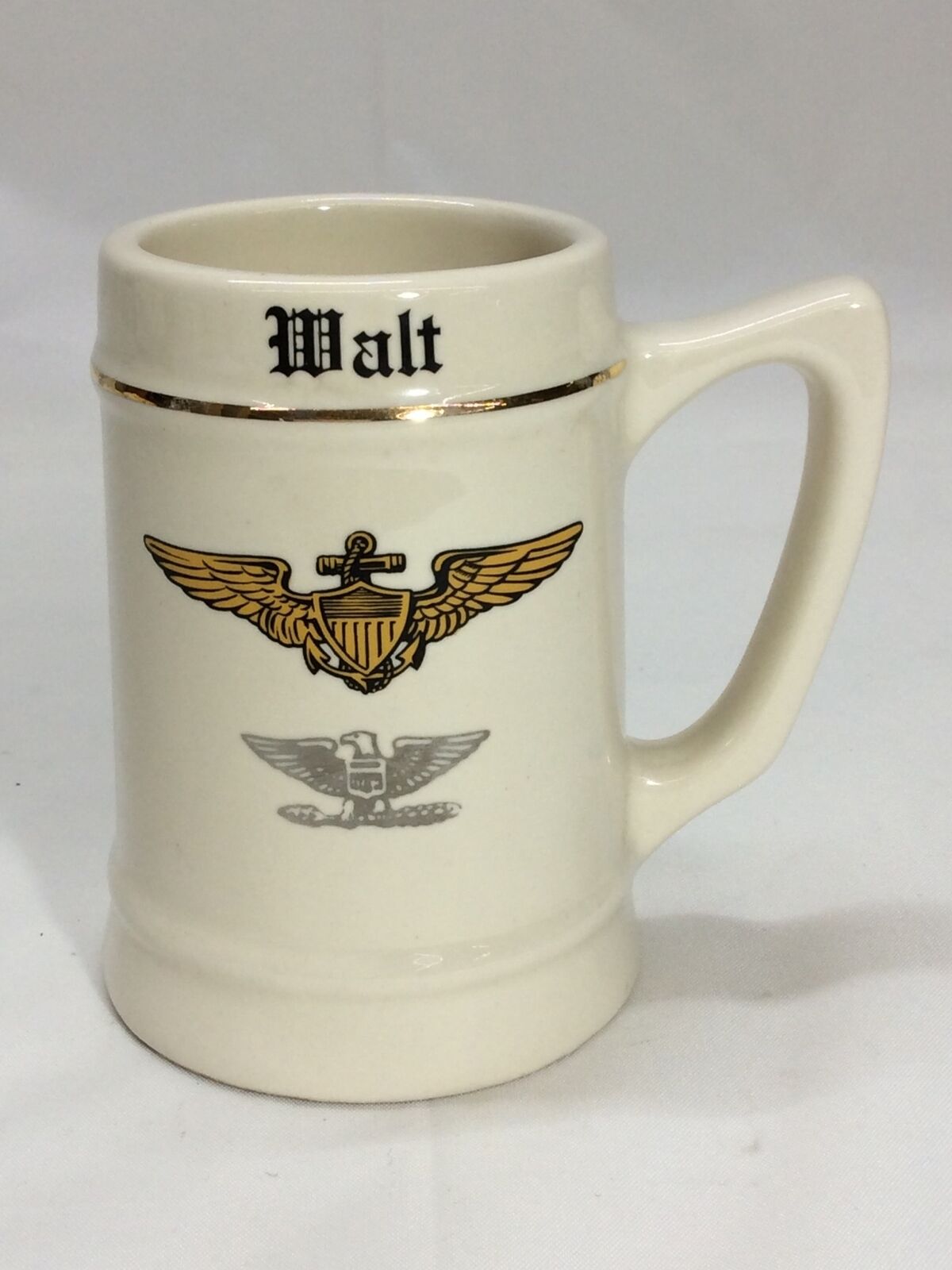 Named Vintage Military Ceramic Beer Mug Navy Captain Pilot Wings Gold Trim USN