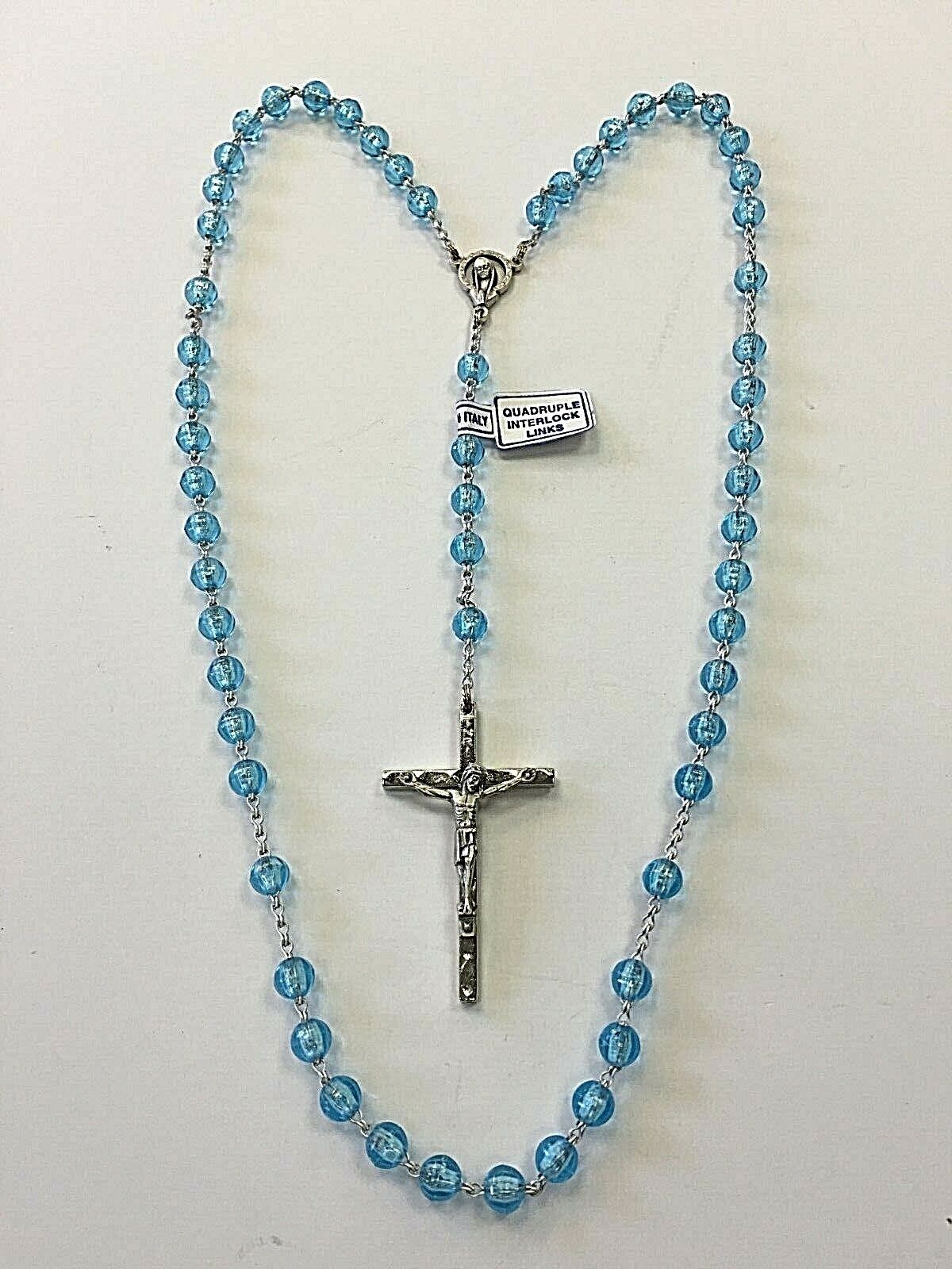 VINTAGE BLUE ROSARY SILVER CRUCIFIX NECKLACE 28\