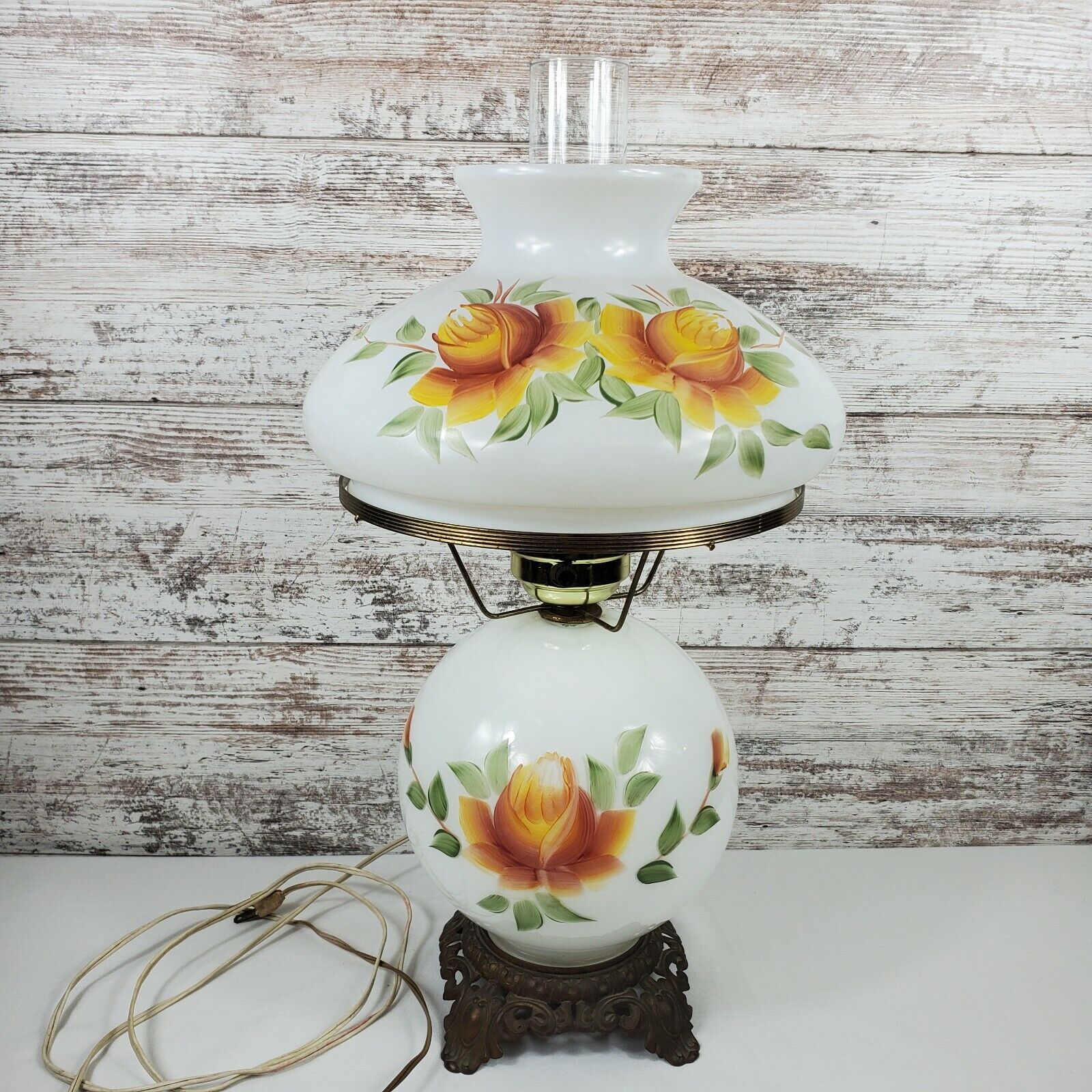 Vintage Hurricane Lamp Yellow  and a burnt orange Roses 3 way light GWTW style