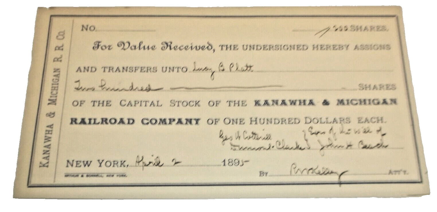 APRIL 1895 KANAWHA & MICHIGAN RAILROAD CAPITAL STOCK TRANSFER FORM