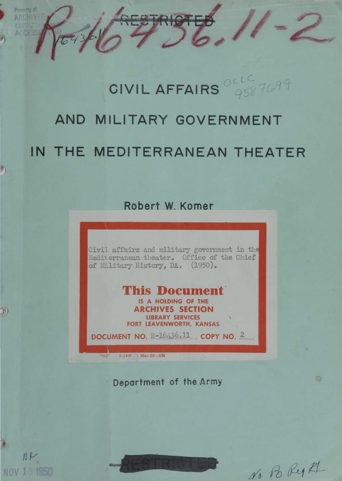 951 pg. Civil Affairs Military Government Mediterranean Theater Italy on Data CD
