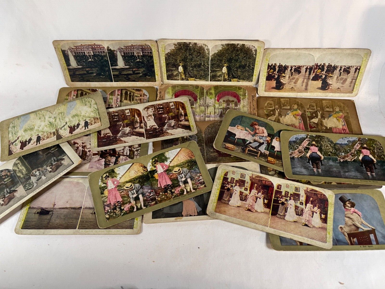 Antique Lot of  19 Hand Colored / tinted Stereoscope Cards Great