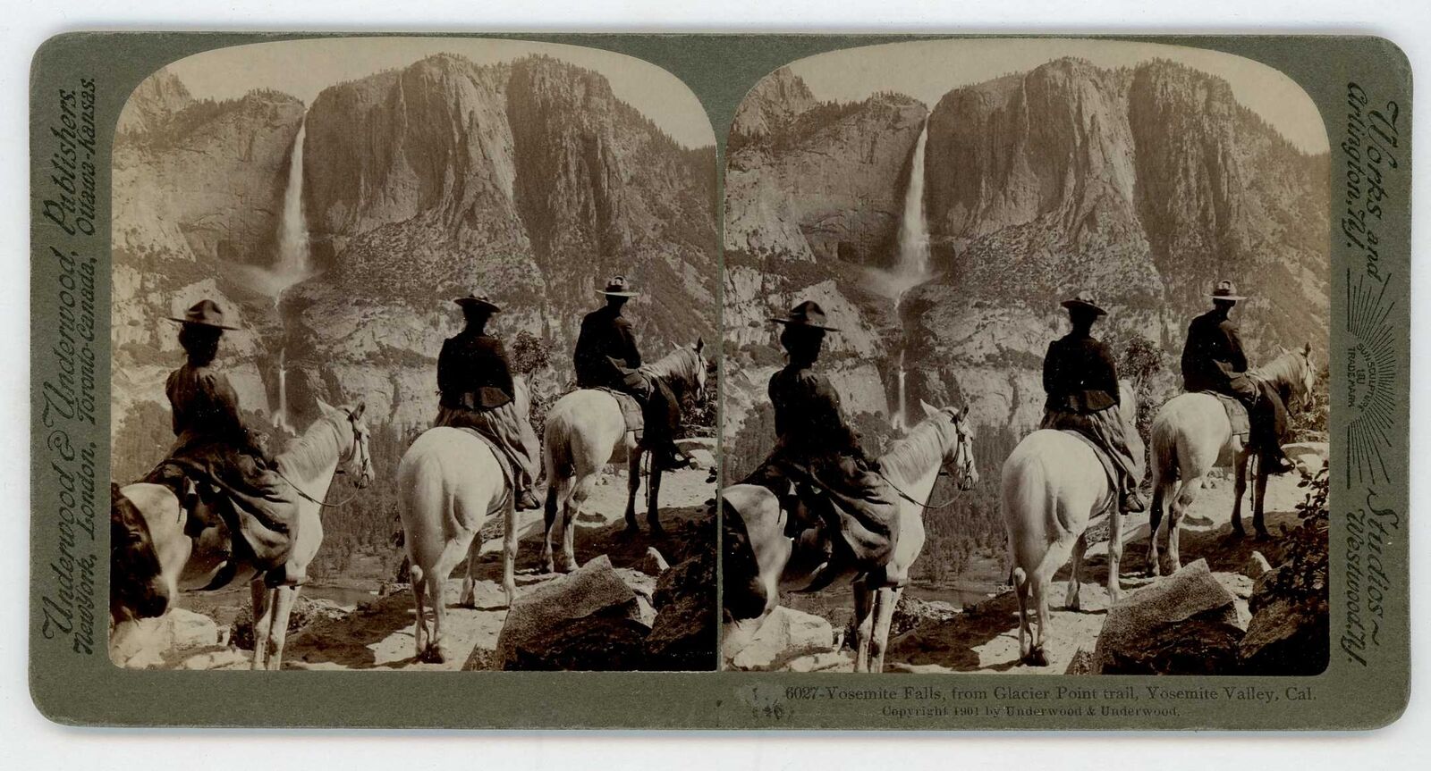 Yosemite HORSE RIDERS YOSEMITE FALLS FROM GLACIER POINT TRAIL Stereoview 339_31
