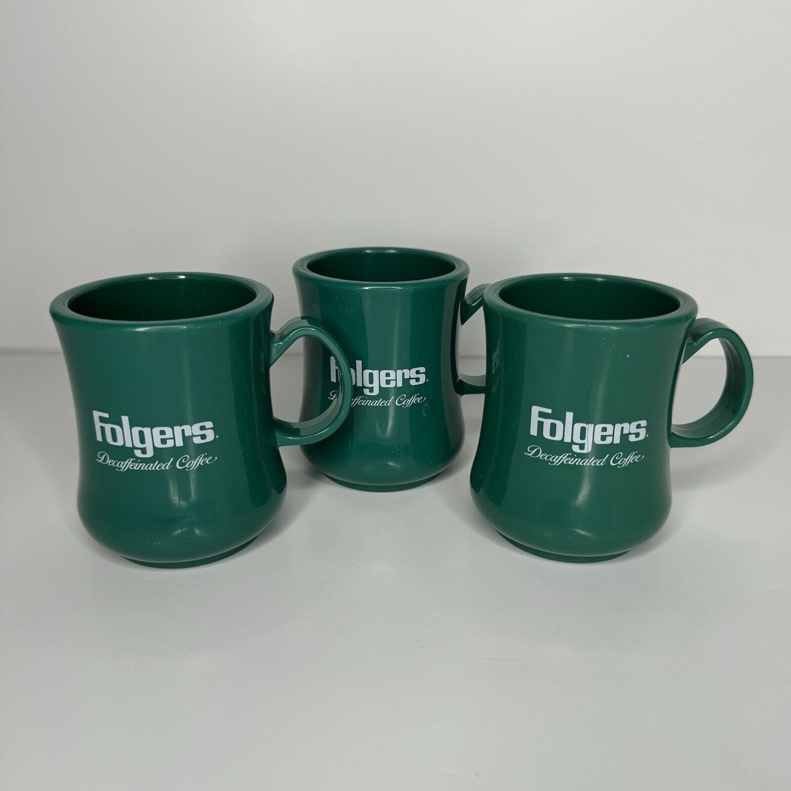 Folgers Decaffeinated Coffee Mugs Set Of 3 Plastic Green Vintage Advertising OKC