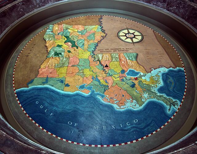 Sculptor Duncan Ferguson created this raised topographical map of Louisiana, is