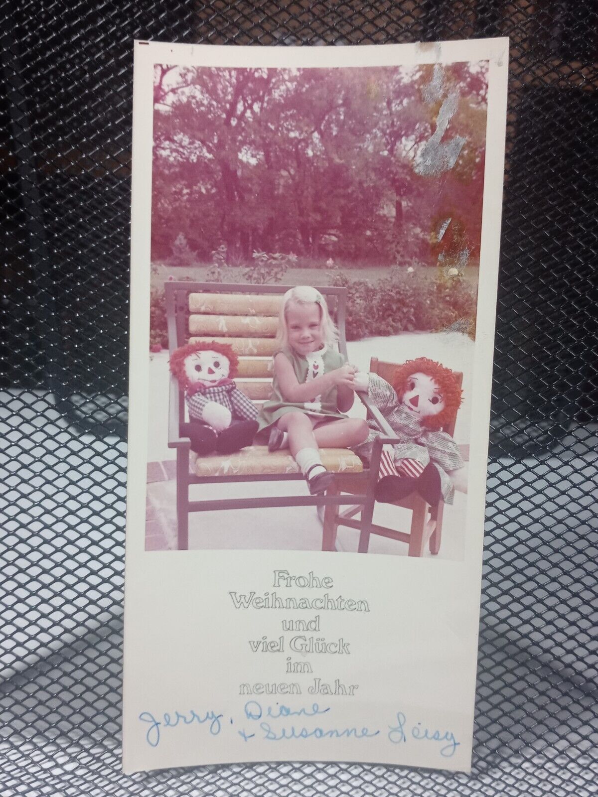 Vintage Real Photo Christmas Card German Little Blonde Girl Raggedy Ann Dolls