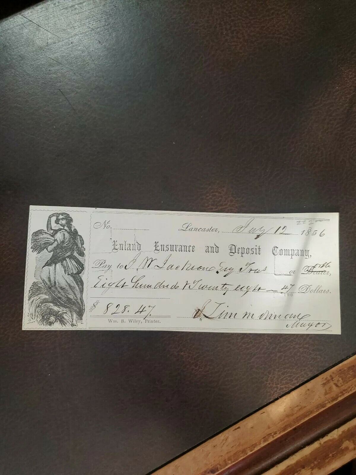 Rare 1856 Lancaster Pa City Bank Check For $828 England Insurance & Deposit Co.
