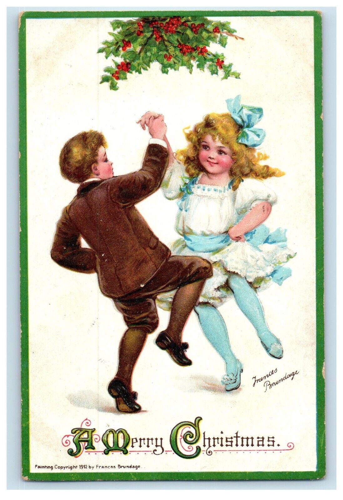c1910\'s Merry Christmas Girl And Boy Dancing Holly Brundage Embossed Postcard