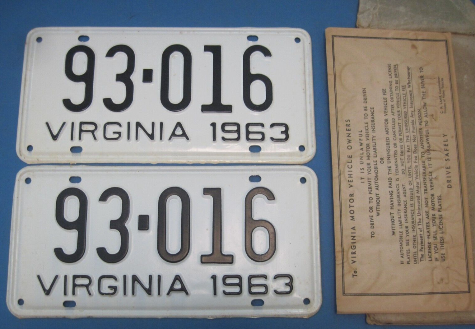 1963 Virginia license plates never used DMV cleared for YOM and low 5 digit #