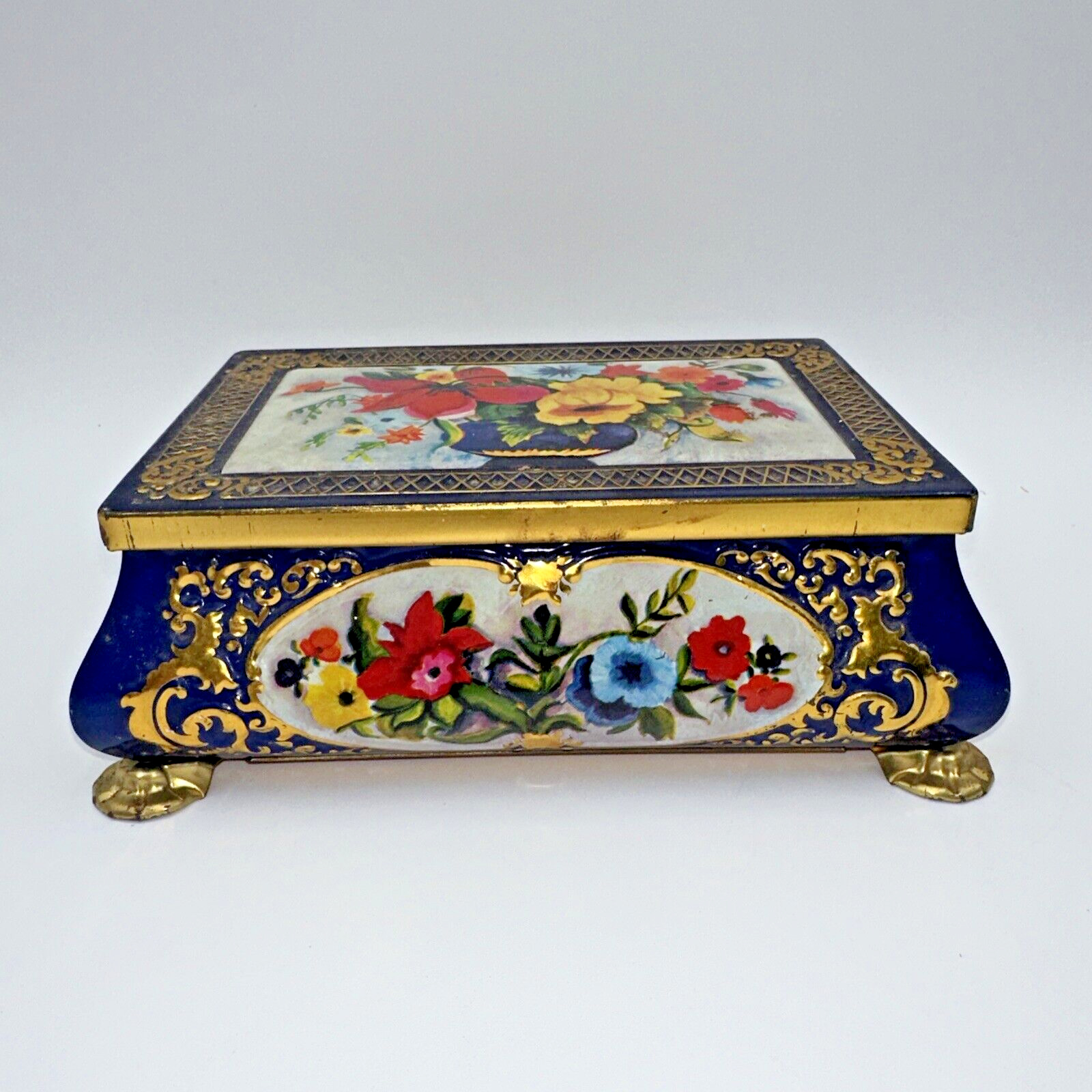 Vintage Blue And Gold Metal Footed Floral Box, Distressed, Pretty Storage