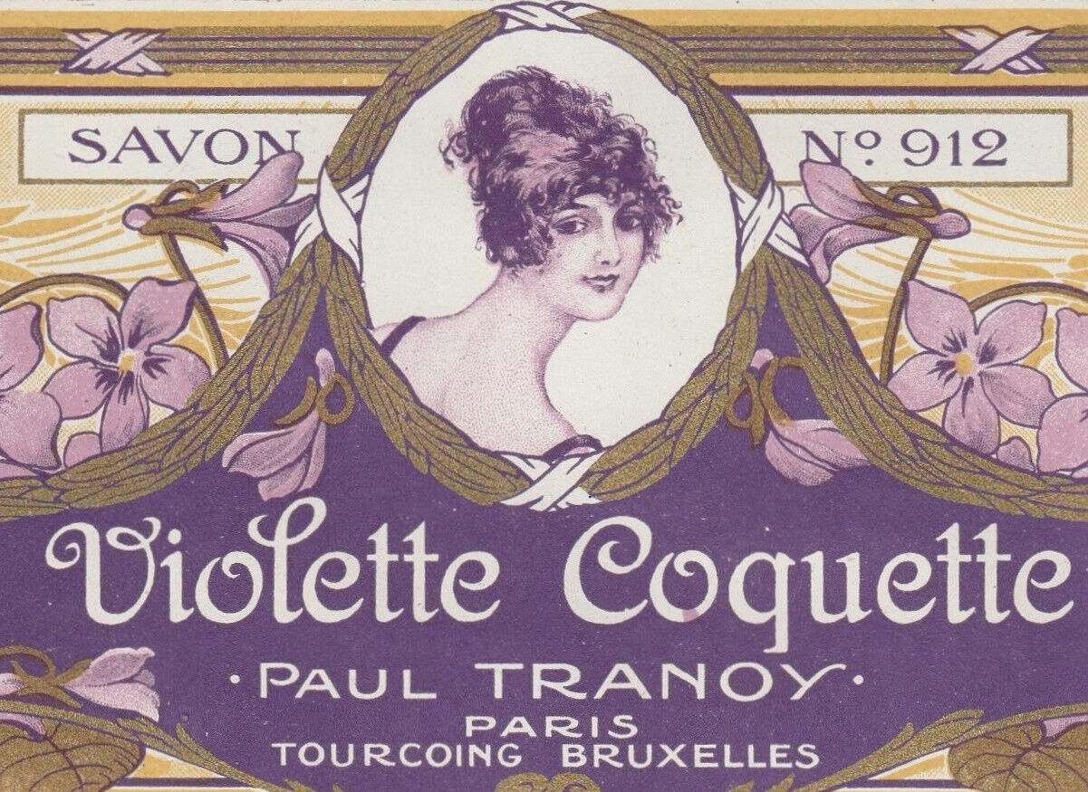 Gilded 1900 French Soap Box Label Paul Tranoy Paris Violette Coquette 7.5 x 5
