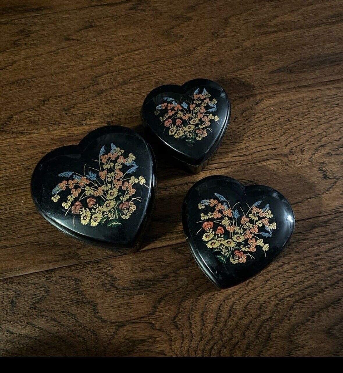 Vintage Black Heart Shaped Nesting Boxes (set of 3)  Floral Design