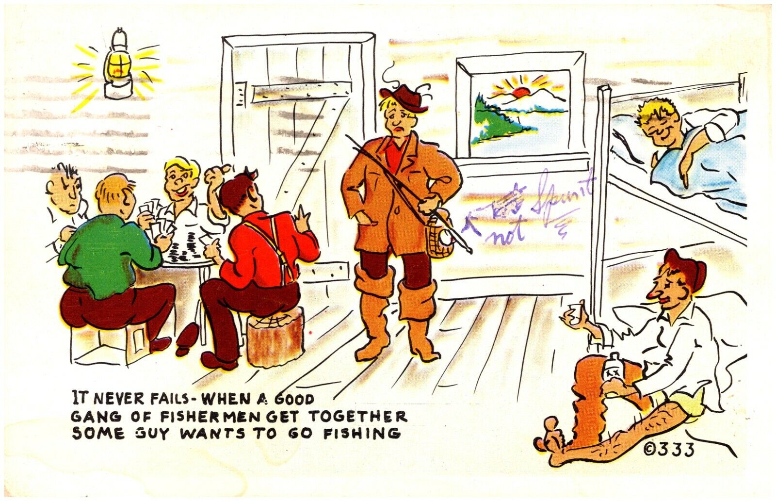 C.1950s Fishing Humor Poker Card Game Cabin Comic Postcard 516
