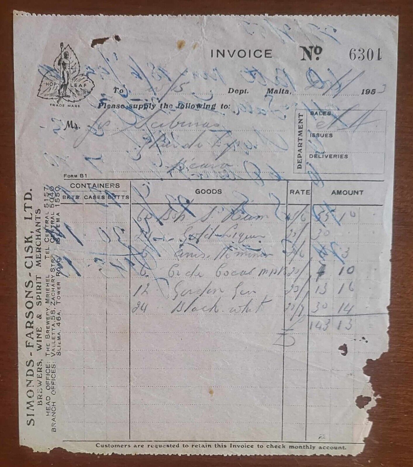 Rare Vintage Malta Simonds Farsons Cisk Ltd Invoice Receipt 1953
