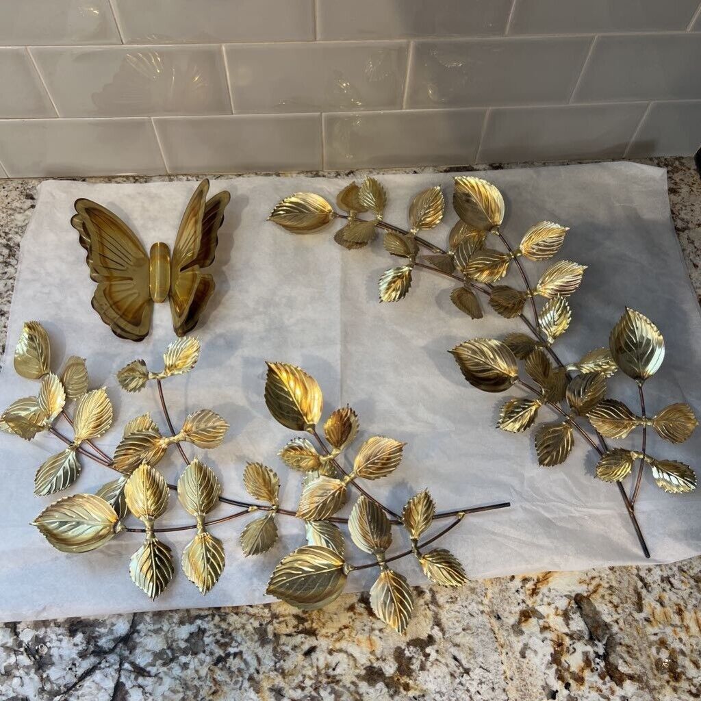 Mid Century Modern MCM  Metal Copper Leaf Wall Art Autumn Fall Leaves butterfly