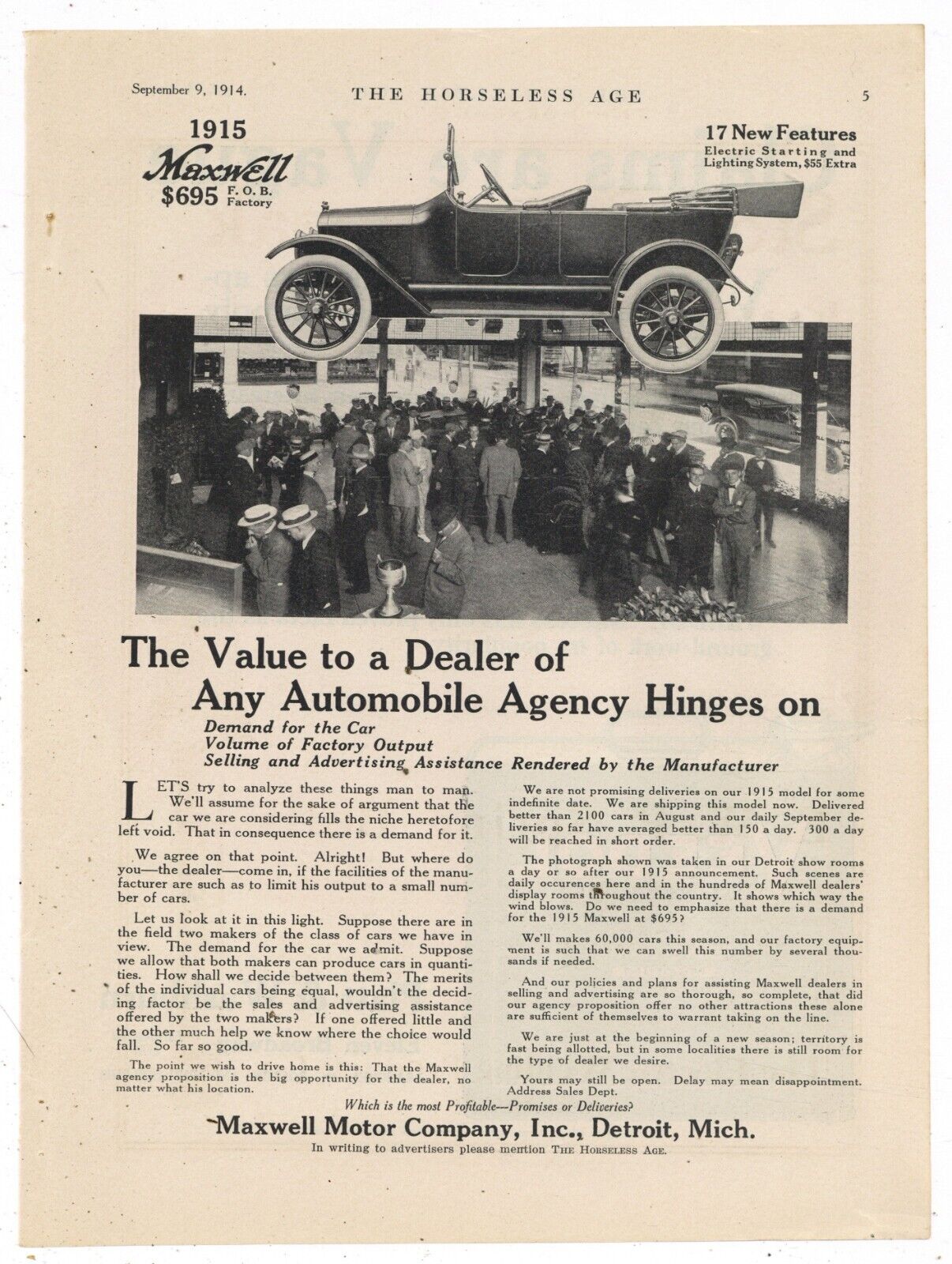 1914/15 Maxwell Motor Co. Ad: Interior of Detroit Dealership Showroom Pictured