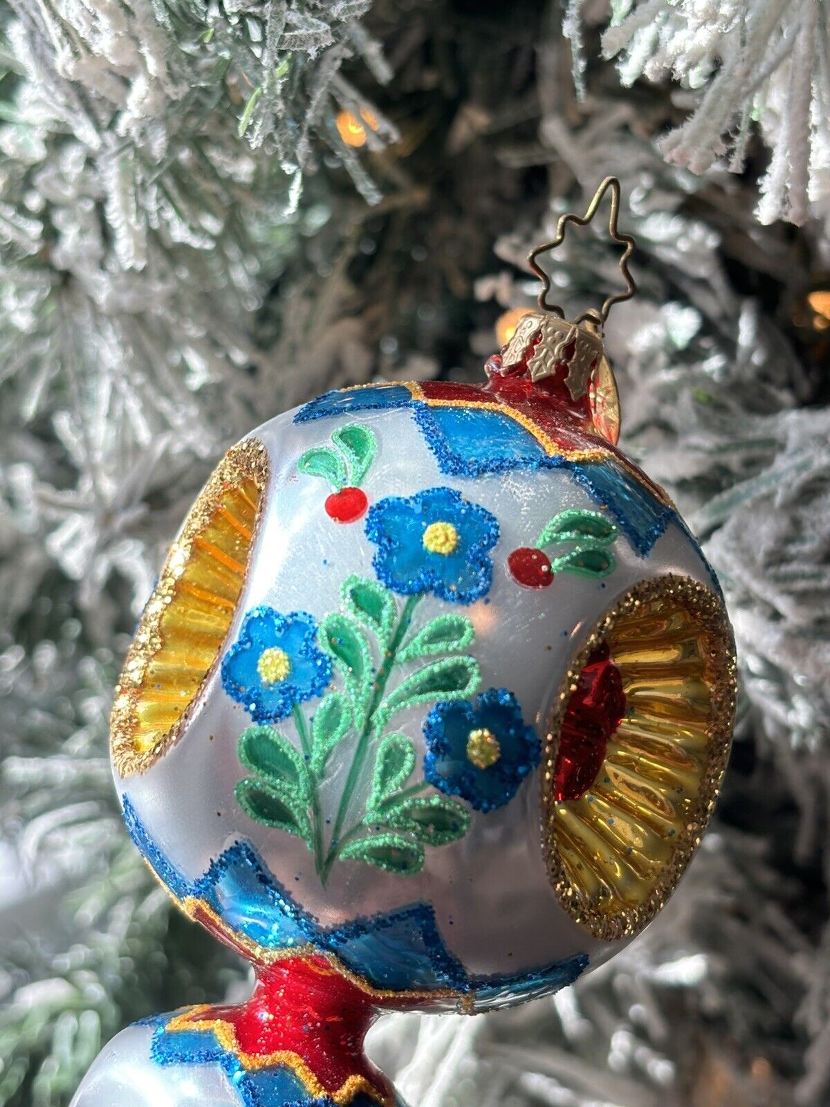 RARE Christopher Radko FANTASIA Triple Reflector Blue Flowers Christmas Ornament